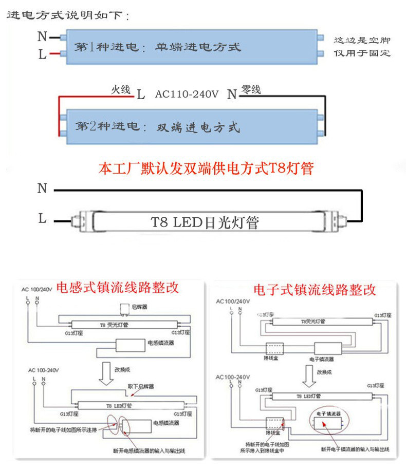 LED日光灯管安装接线图